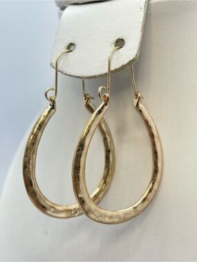Gold Tone Hammered Hoop Earrings Large Oval Dangle Statement